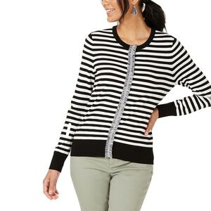 Charter Club Striped Fringe-Placket Cardigan Cloud